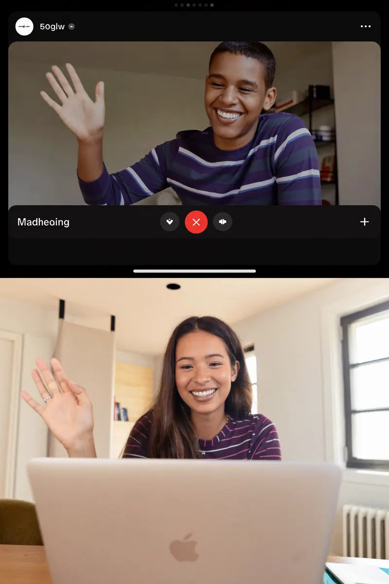 Two people waving hello on a random video chat call on an Omegle alternative