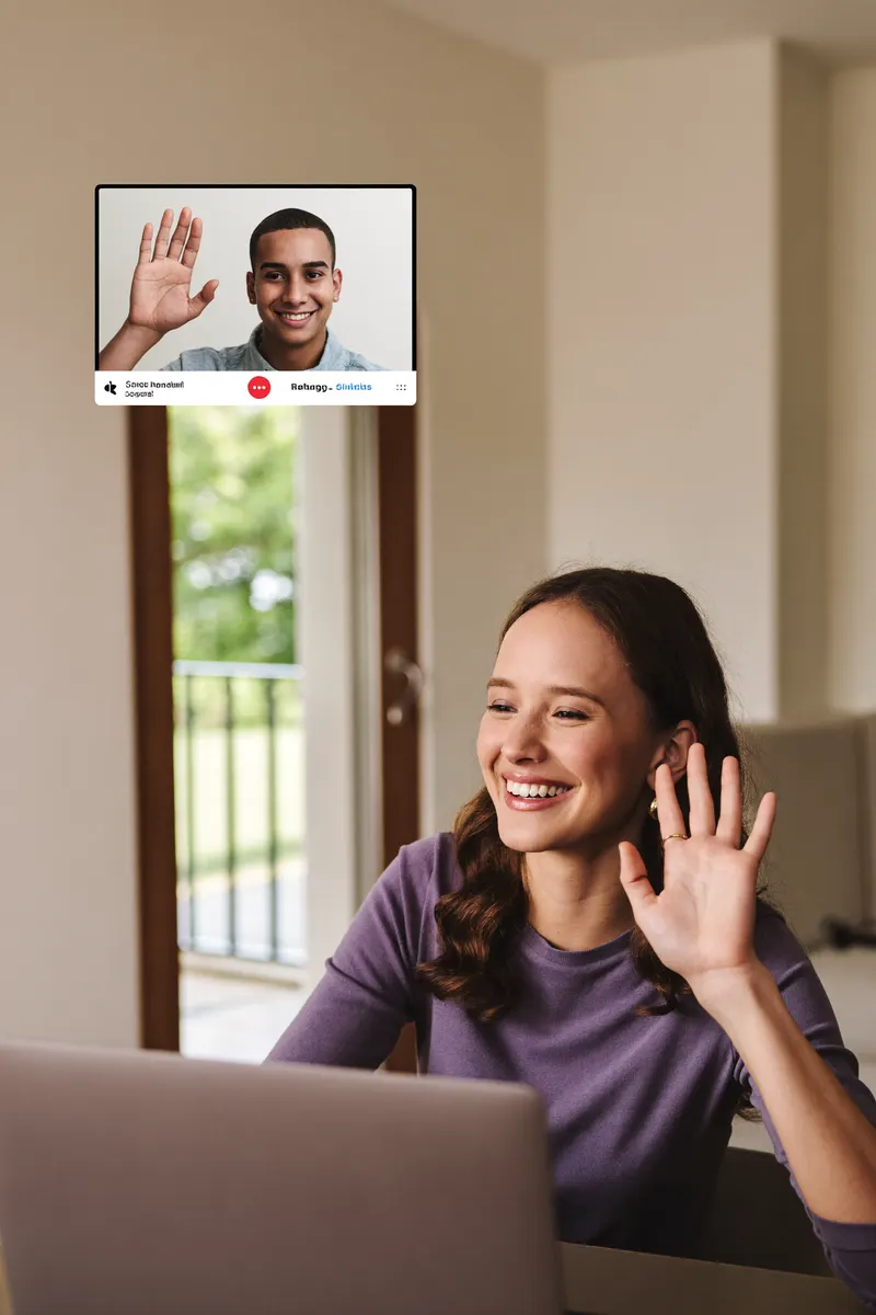 Woman waving to a new match on a random video chat at home